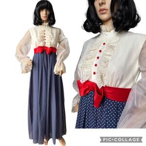 1970s Prairie Victorian Maxi Dress Sheer Sleeves Lace Bib & Red Bow small- med